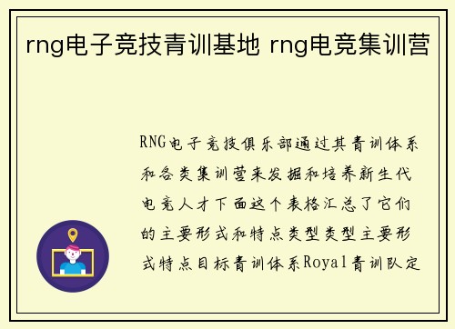 rng电子竞技青训基地 rng电竞集训营